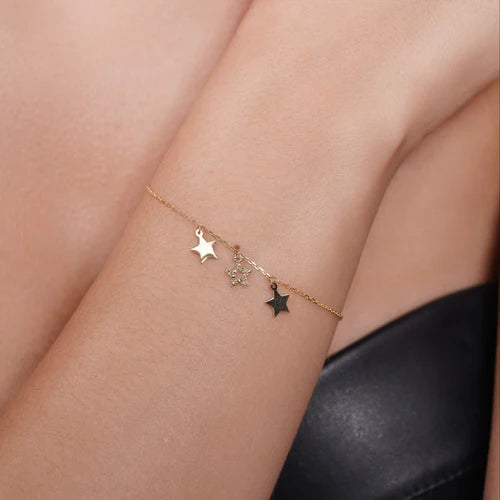 14 Karat Yellow Gold Three Stars Diamond Cut Charm Adjustable Bracelet